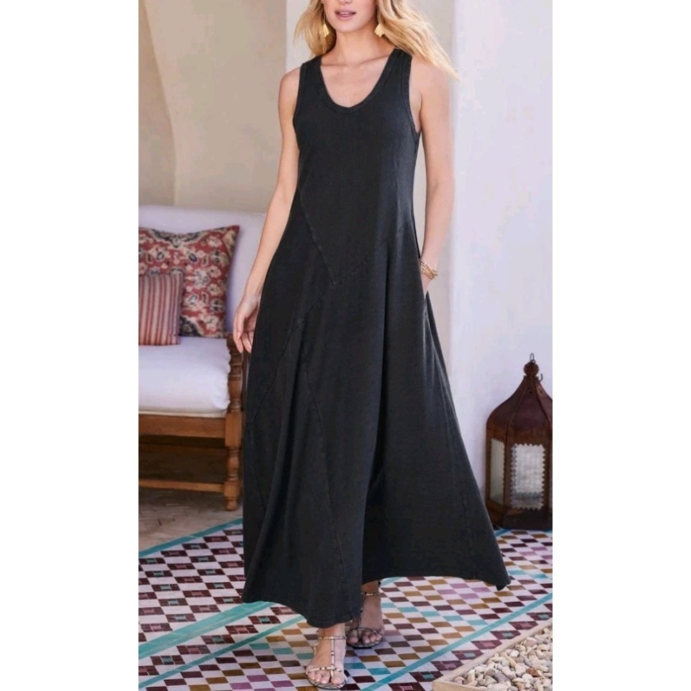 NWT Soft Surroundings Bailey Maxi Dress Black Womens 1X Comfy Pockets Flattering